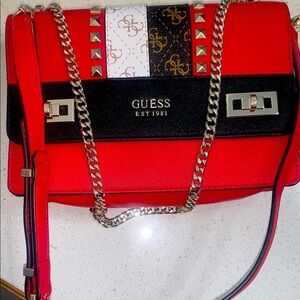 Guess Red and Black Crossbody Bag with Chain Strap